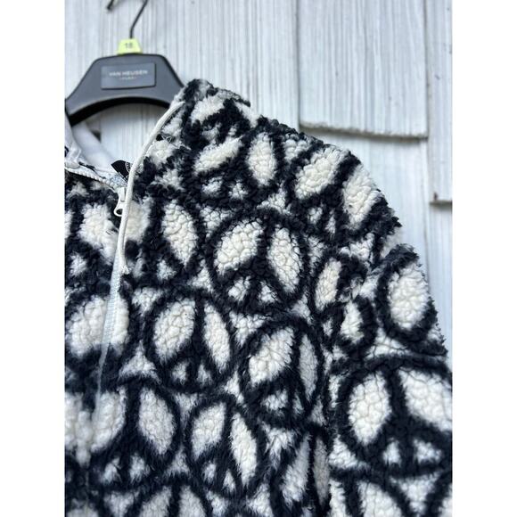 Pacsun Peace Sign Sherpa Hoodie Black White‎ Cozy Warm Zip Up Jacket Size L - Picture 3 of 8